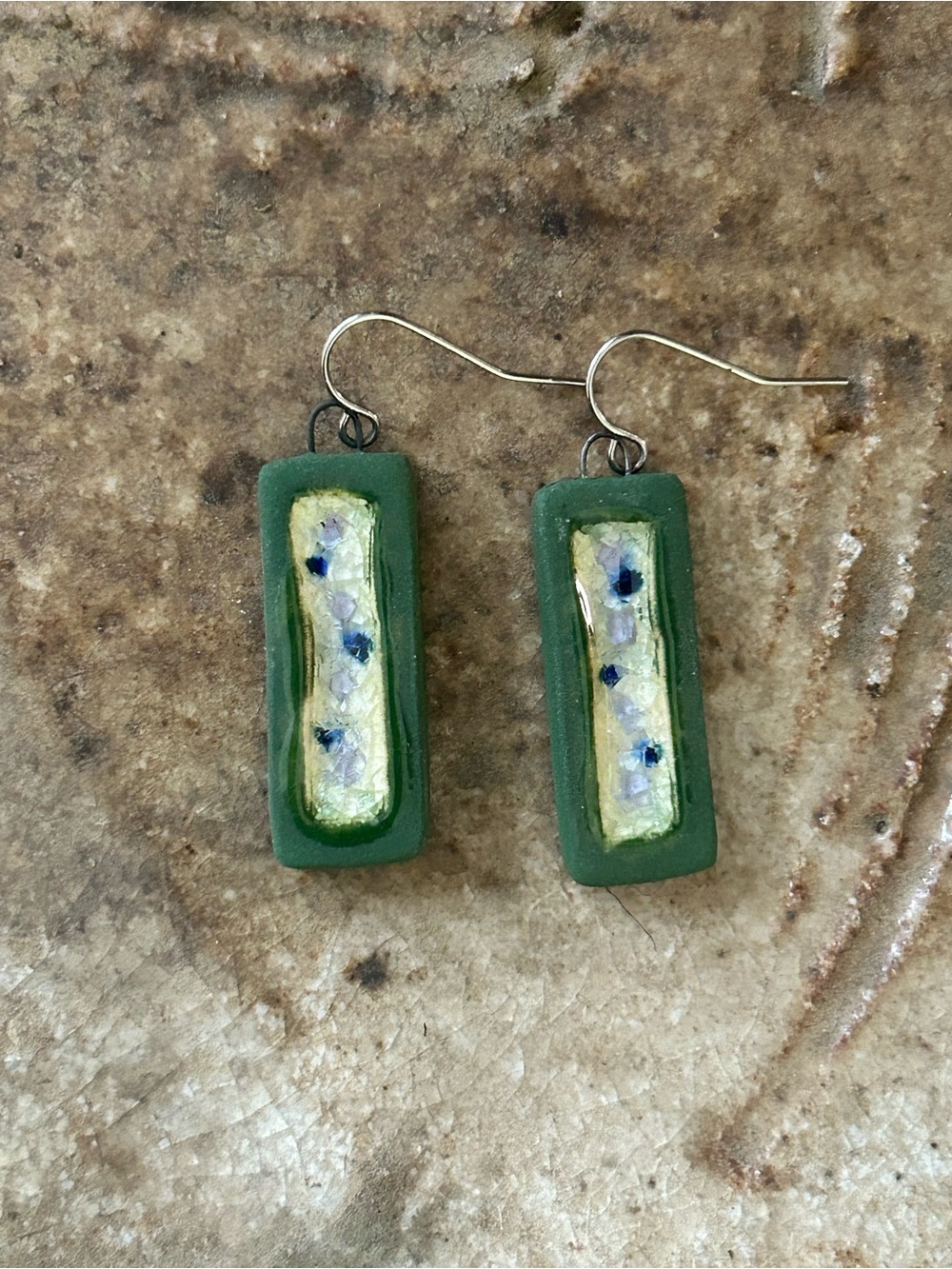Green Ceramic Rectangular Drop Earrings with Crackle Glaze Inlay